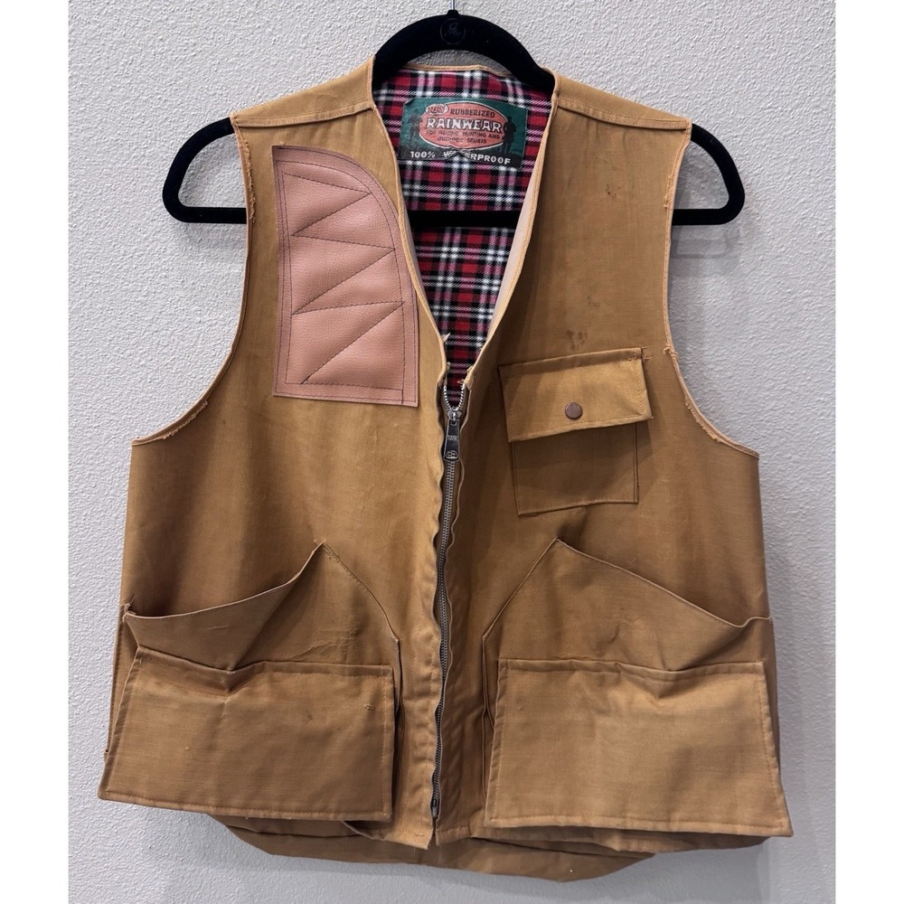 VTG World Famous Rubberized Rainwear Fishing Vest Large Duck Hunt Beige Waterprf